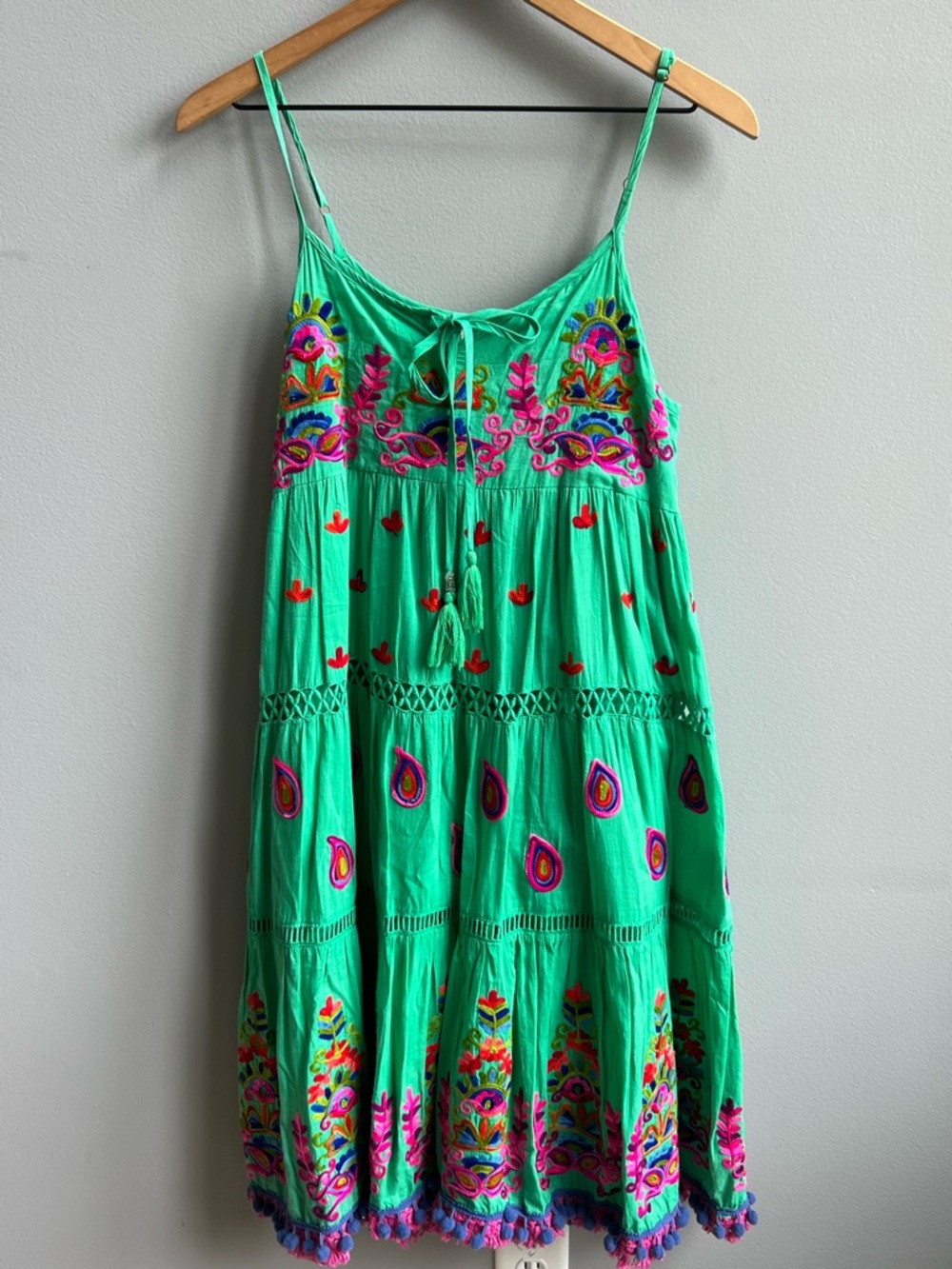LULA SOUL Green Embroidered Colorful Sun Dress w/ Fringe Pom Poms Size XS